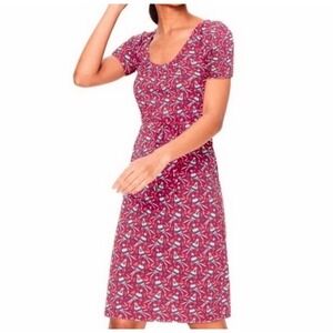 Boden Bird Print Elspeth Jersey Dress Pink Blue Short Sleeve Cotton Modal US 8R